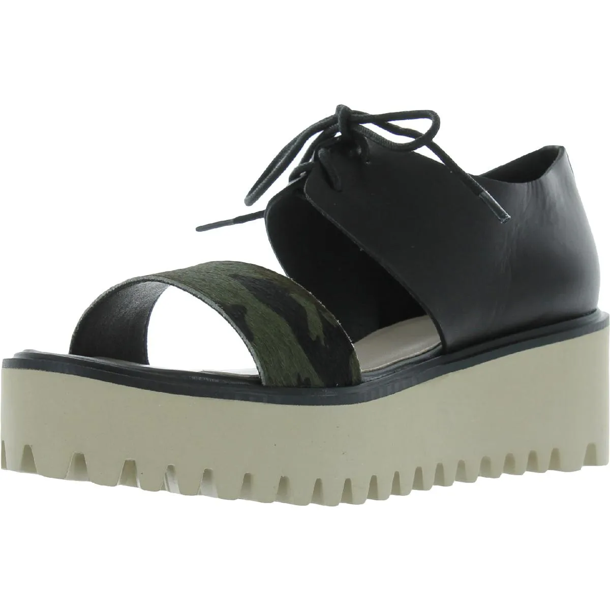 All Black Womens Jungle Animal Print Lace-up Flatform Sandals