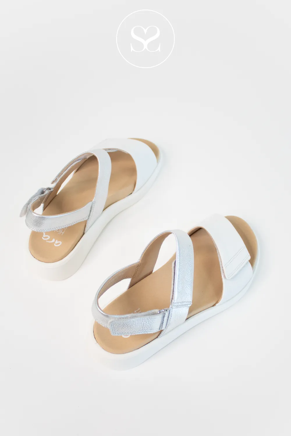 ARA 12-21401 WHITE/ SILVER METALLIC WEDGE WALKING SANDALS