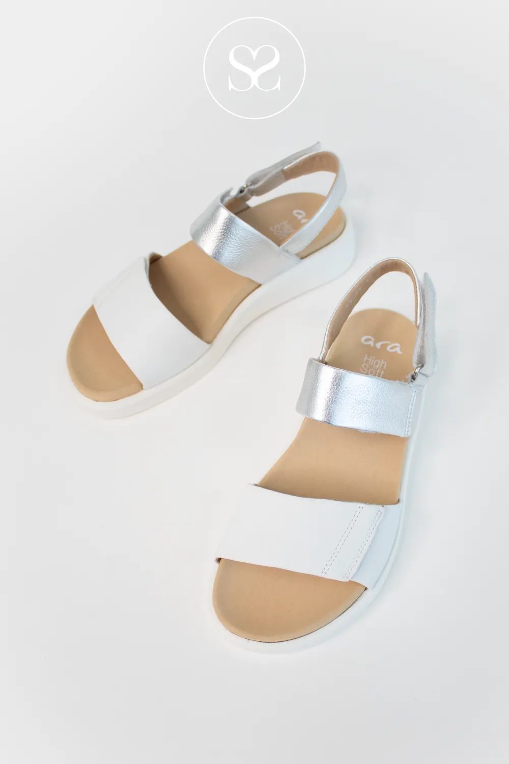 ARA 12-21401 WHITE/ SILVER METALLIC WEDGE WALKING SANDALS