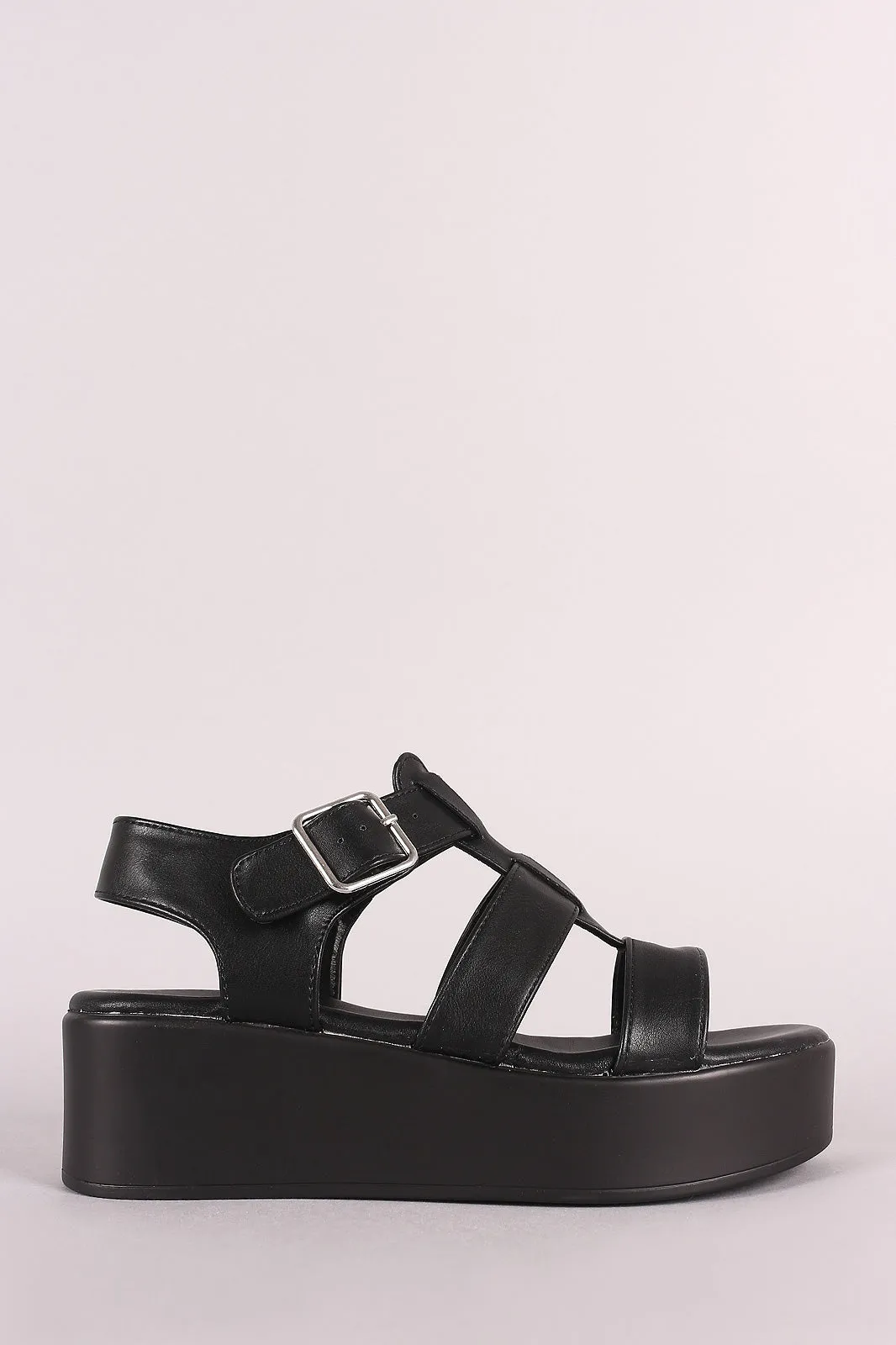 Bamboo Leather Open Toe Strappy Caged Flatform Sandal