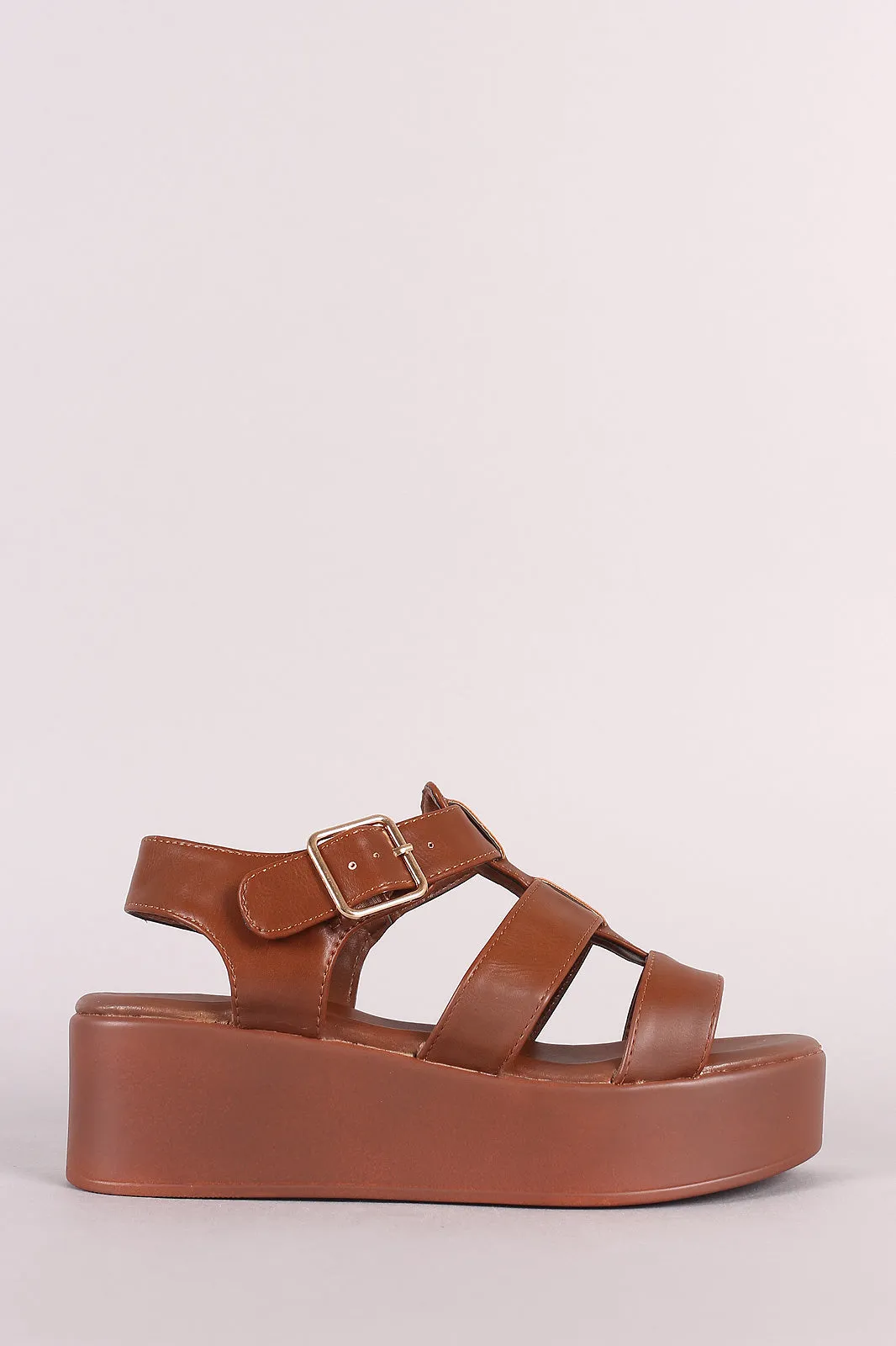 Bamboo Leather Open Toe Strappy Caged Flatform Sandal