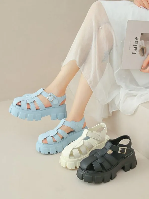 Belt Buckle Hollow Round-Toe Split-Joint Sandals Platform Shoes Gladiators