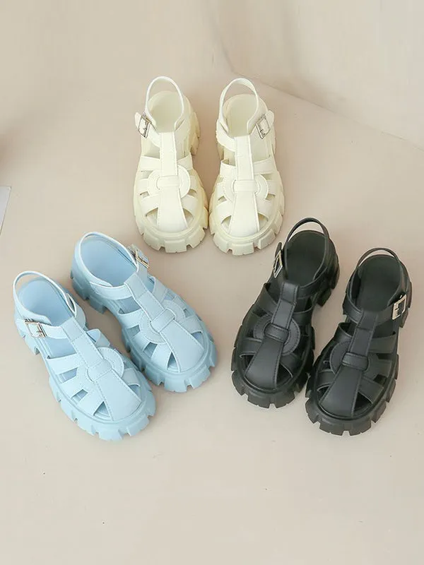 Belt Buckle Hollow Round-Toe Split-Joint Sandals Platform Shoes Gladiators