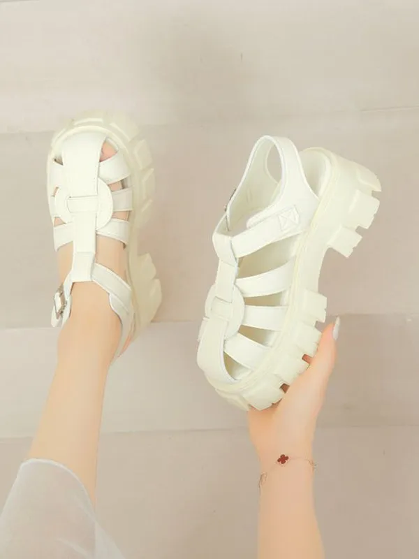 Belt Buckle Hollow Round-Toe Split-Joint Sandals Platform Shoes Gladiators