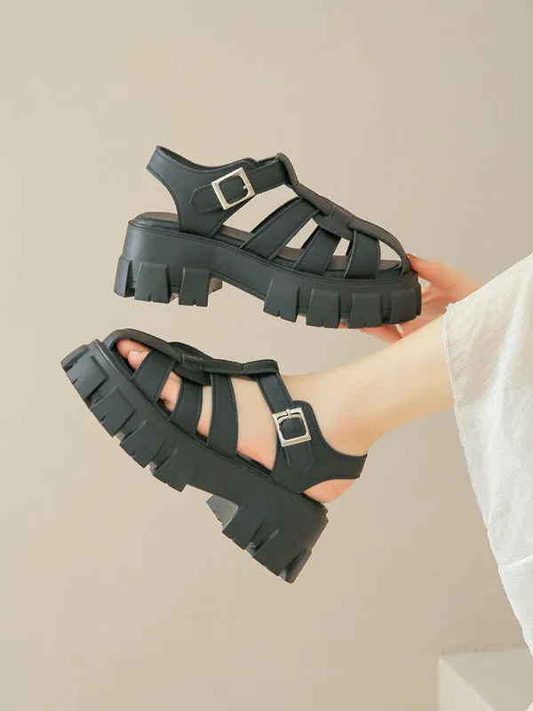 Belt Buckle Hollow Round-Toe Split-Joint Sandals Platform Shoes Gladiators