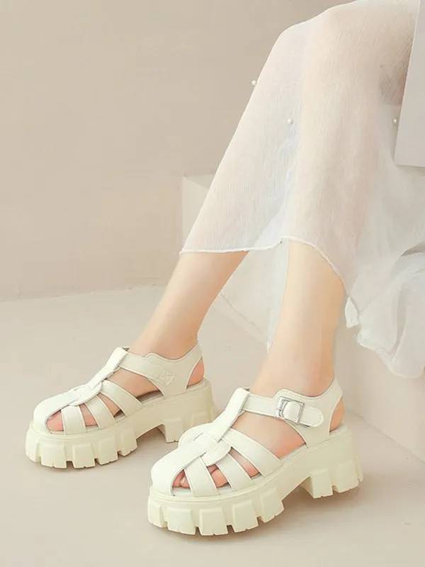 Belt Buckle Hollow Round-Toe Split-Joint Sandals Platform Shoes Gladiators