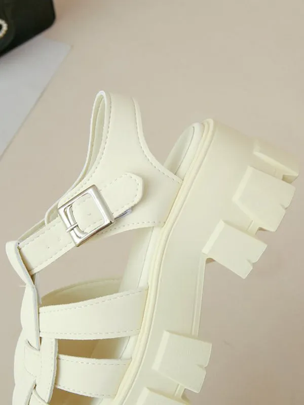 Belt Buckle Hollow Round-Toe Split-Joint Sandals Platform Shoes Gladiators