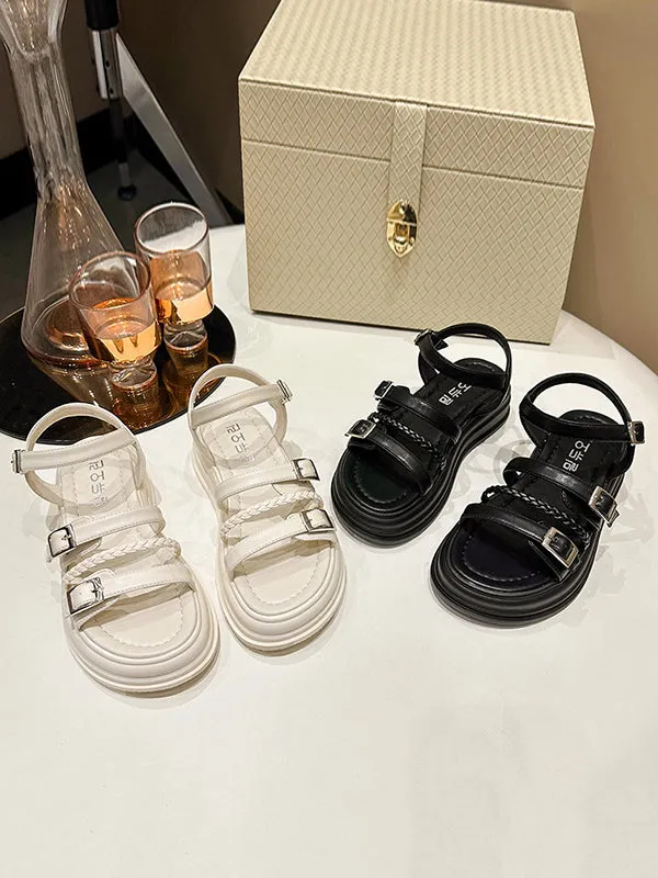 Belt Buckle Lace-Up Round-Toe Split-Joint Sandals Platform Shoes