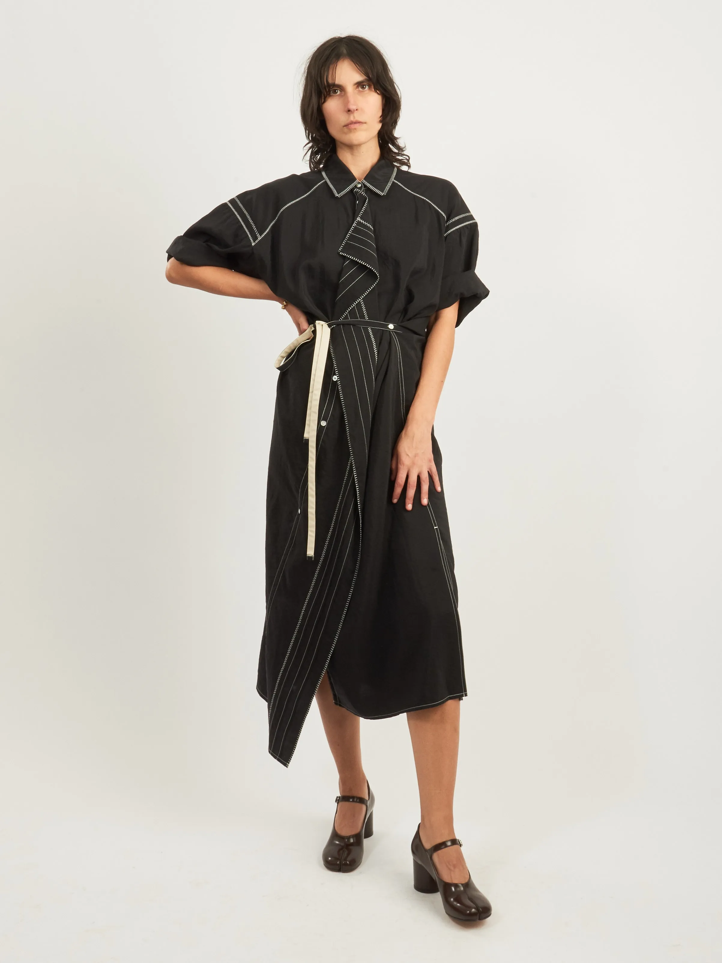 Black Embroidered Asymmetrical Shirt Dress