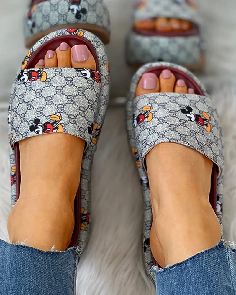 Cartoon Letter Pattern Peep Toe Flatform Sandals
