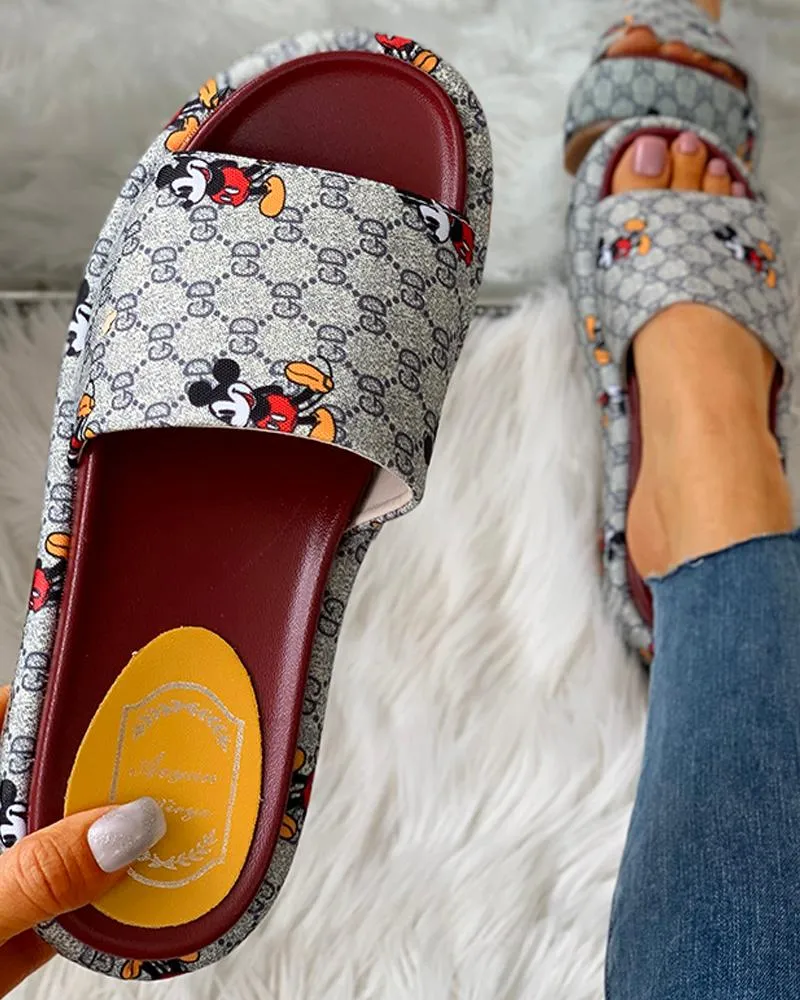 Cartoon Letter Pattern Peep Toe Flatform Sandals