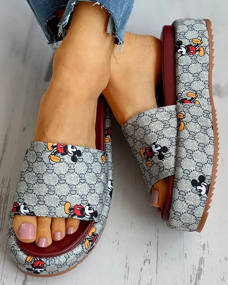 Cartoon Letter Pattern Peep Toe Flatform Sandals