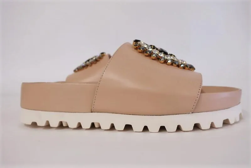 Eddy Daniele Swarovski Crystal Slide Sandals Nude Leather Flatform Size 36 NEW