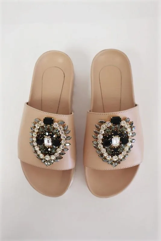 Eddy Daniele Swarovski Crystal Slide Sandals Nude Leather Flatform Size 36 NEW