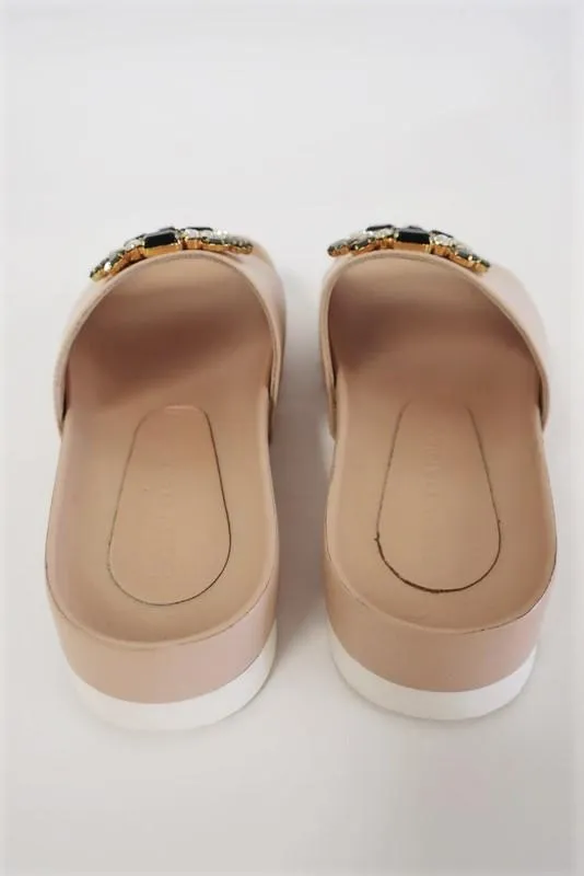 Eddy Daniele Swarovski Crystal Slide Sandals Nude Leather Flatform Size 36 NEW