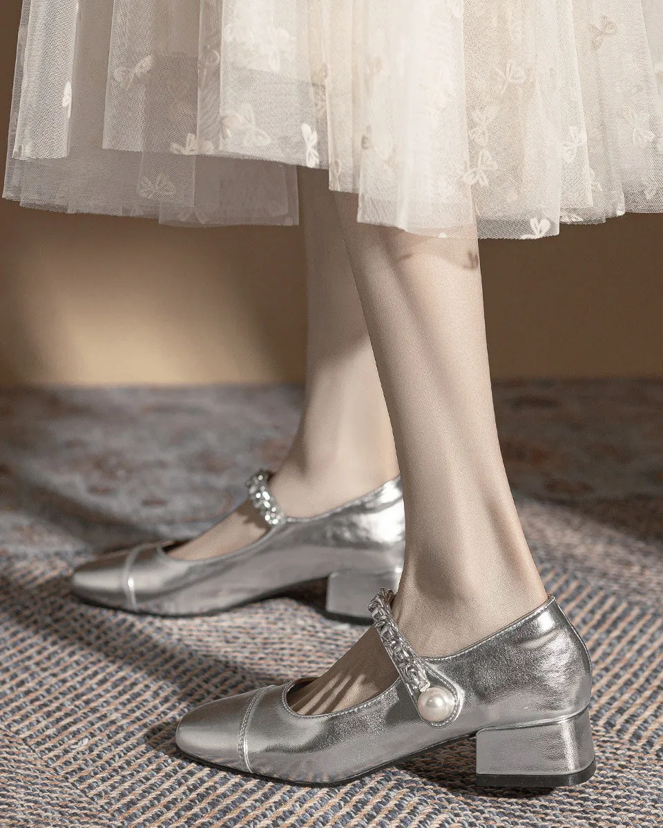 elveswallet Silver thick heel round toe Mary Jane shoes
