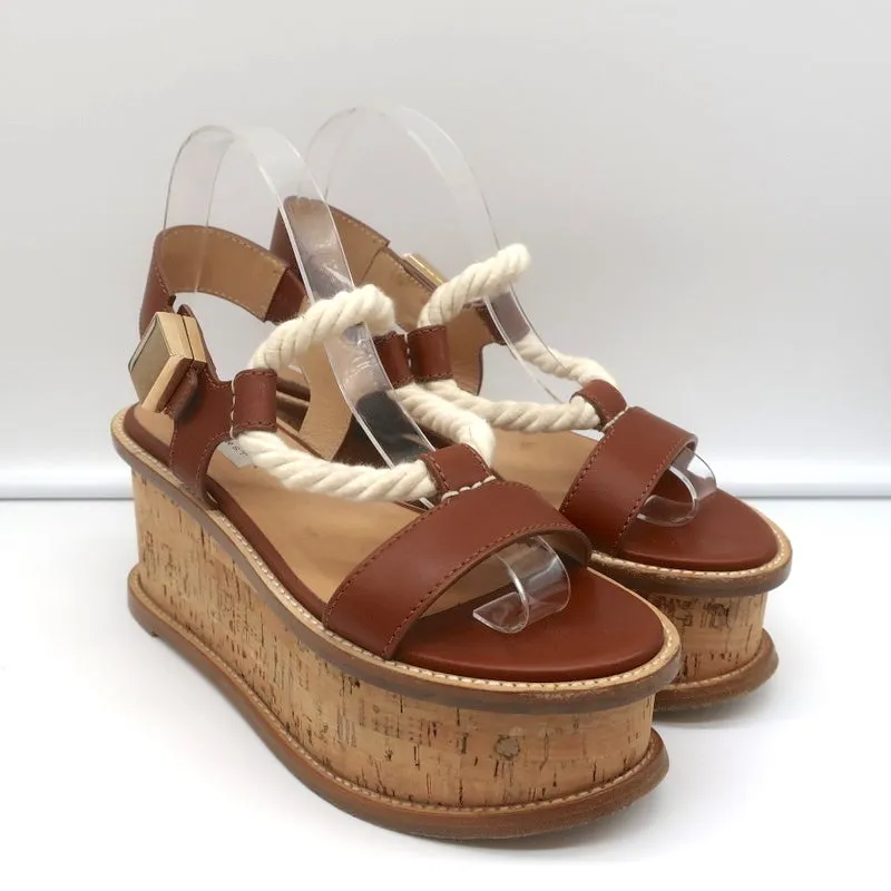 Gabriela Hearst Cork Flatform Slingback Sandals Danae Brown Leather Size 37.5