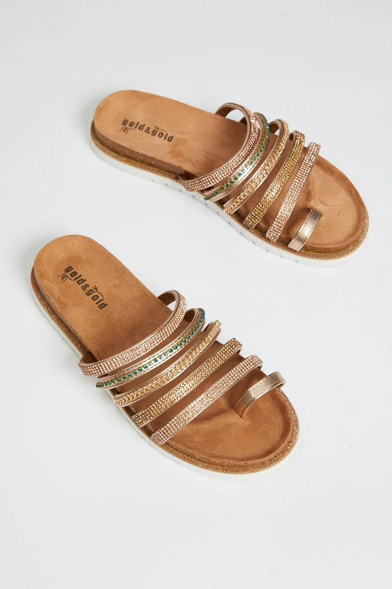 Gold Diamante Multi Strap Flat Sliders