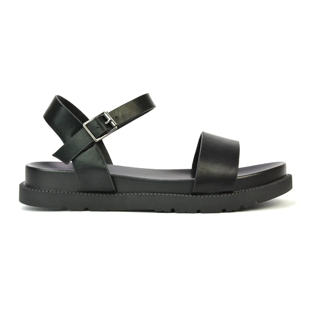 Grace Flatform Ankle Buckle Strappy Flat Summer Sandals in Black Synthetic Leather