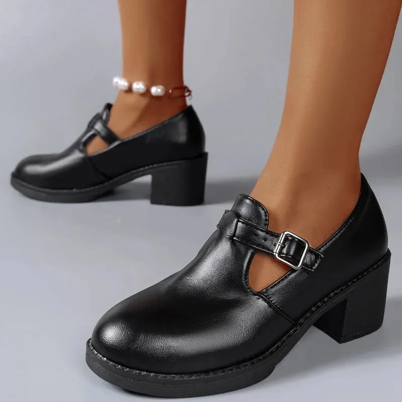 Hnzxzm Meotina Women Round Toe Shoes High Heels Mary Janes Shoes Patent Leather Thick Heel Pumps Buckle Female Footwear Black 43 Size