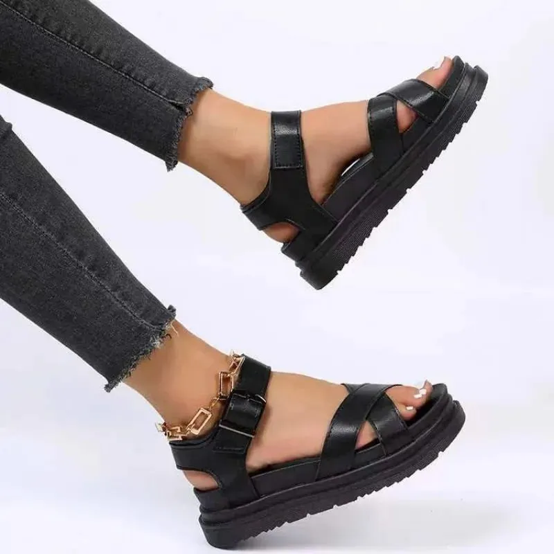 Hnzxzm Open Toe Flatform Wedges Shoes Woman Summer Beach Sandals Sexy Women Plus Size PU Leather Sandalias