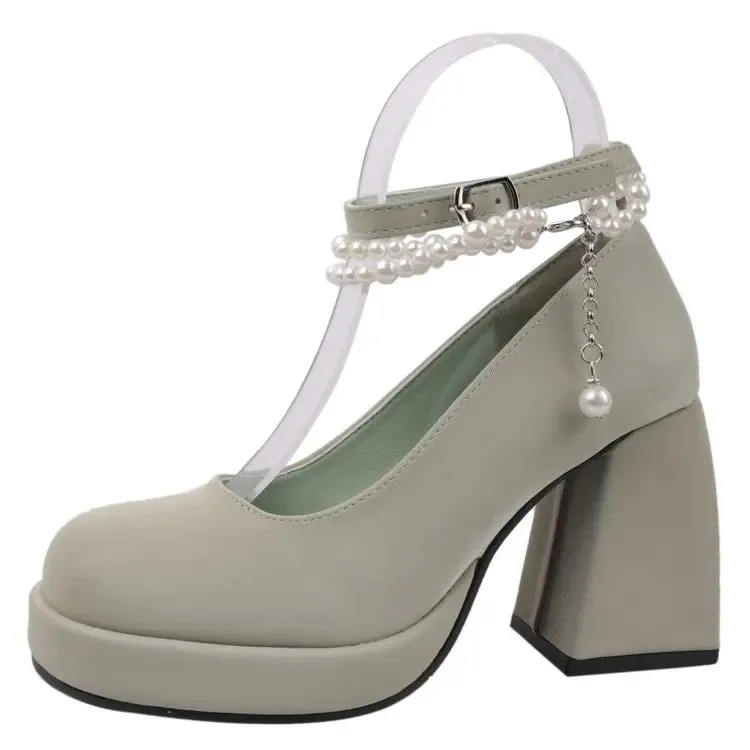 Hnzxzm Pearl Ankle Strap Platform Pumps Women New Patent Leather High Heels Mary Janes Woman Elegant Chunky Heeled Party Shoes