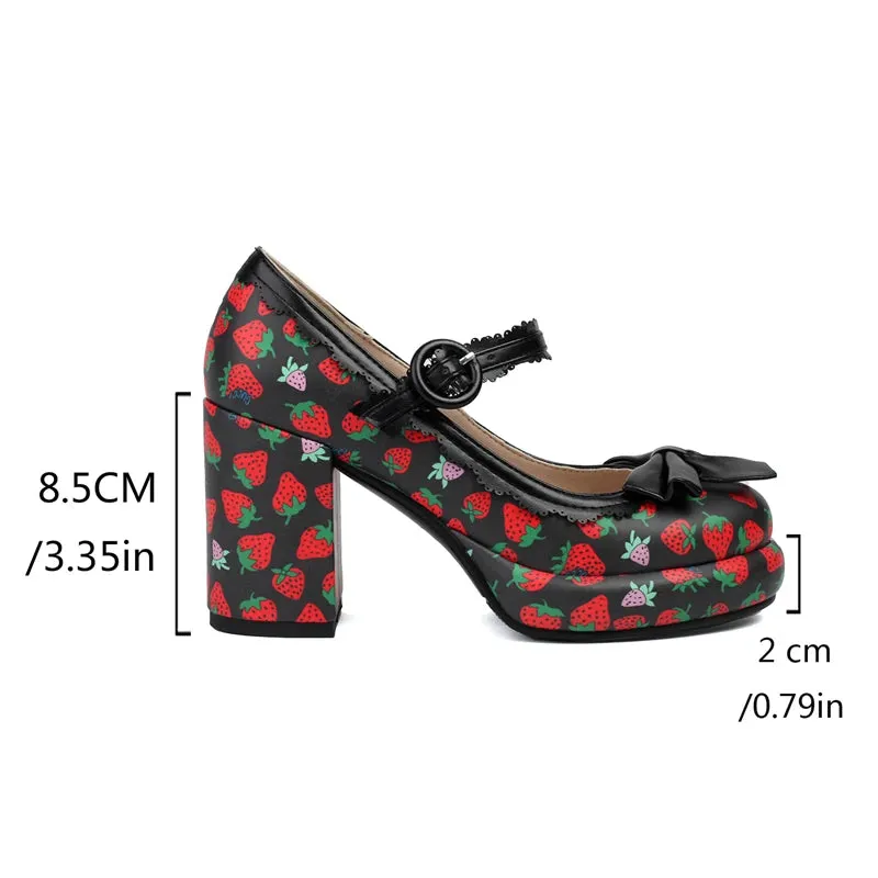 Hnzxzm Princess Lolita Girls Mary Janes Women Sweet Party Dress Cosplay Wedding Pumps Block High Heels Strawberry Shoes Plus Size 34-43