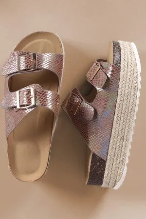 Holographic Snakeskin Buckled Espadrille Slide Flatform Sandal
