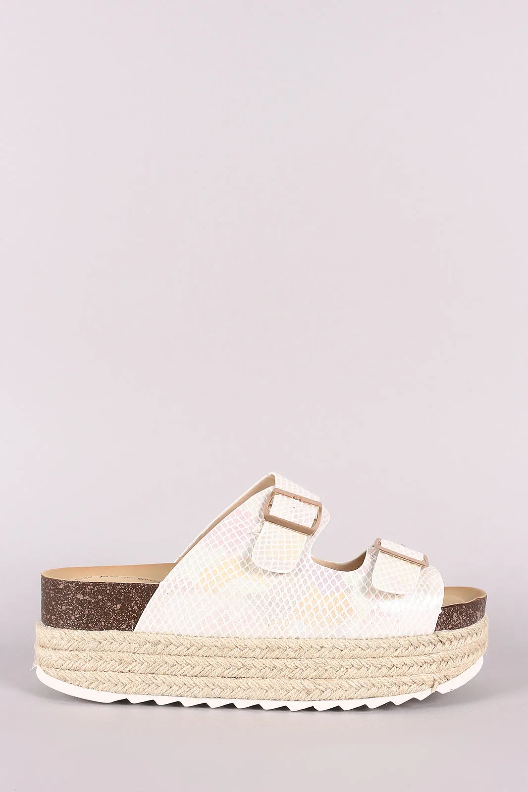 Holographic Snakeskin Buckled Espadrille Slide Flatform Sandal