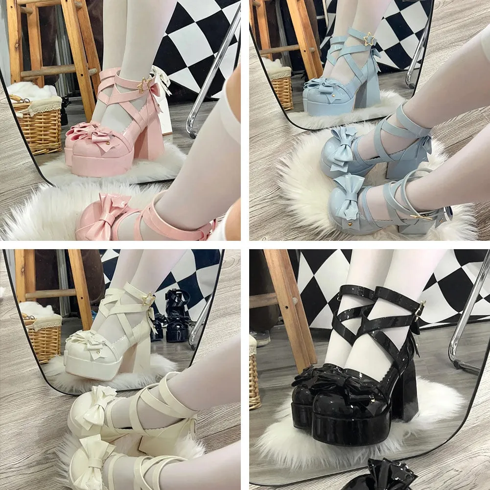 Joskaa Platform Lolita Shoes Summer Hot 2024 Buckle Strap Platform Heels Pumps Bowknot Kawaii Cute Pink Mary Janes Women Heels Pumps