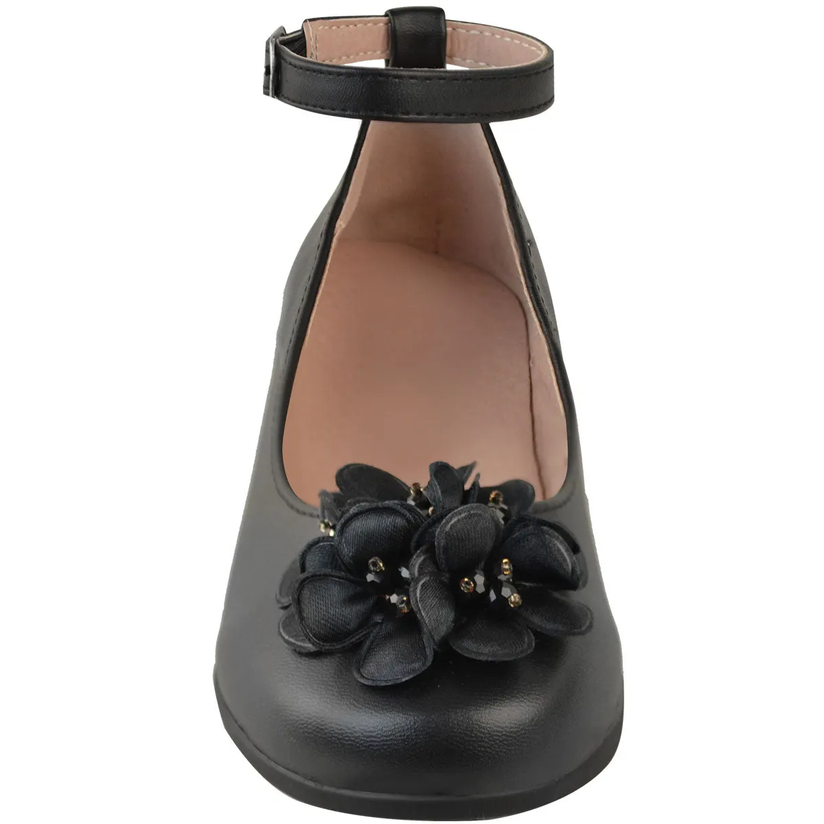 LACEN KIDS FLATFORM FLOWER EMBELLISHED SHOES WITH ANKLE STRAP IN BLACK