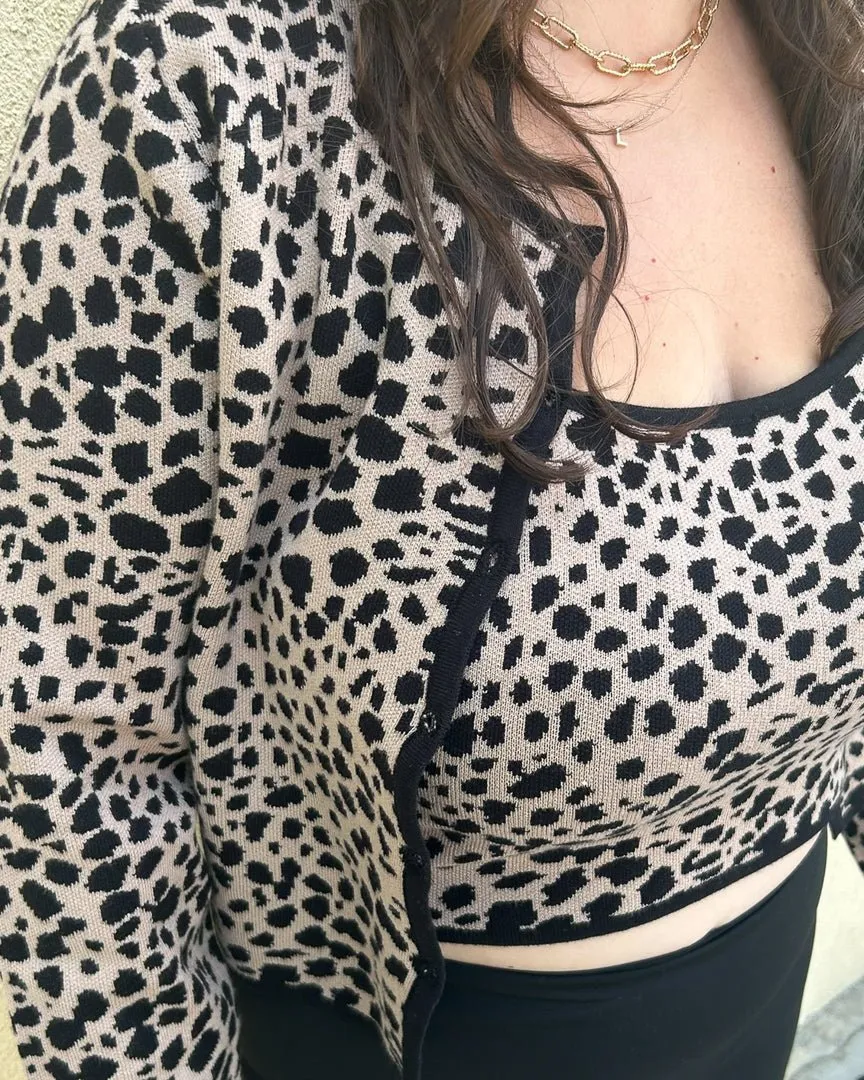 Leopard Print Round Neck Button Down Cardigan And Cami Set