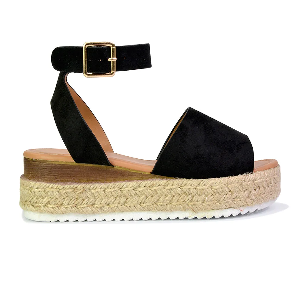 Lucile Strappy Ankle Buckle Flatform Espadrille Platform Flat Sandals in Nude