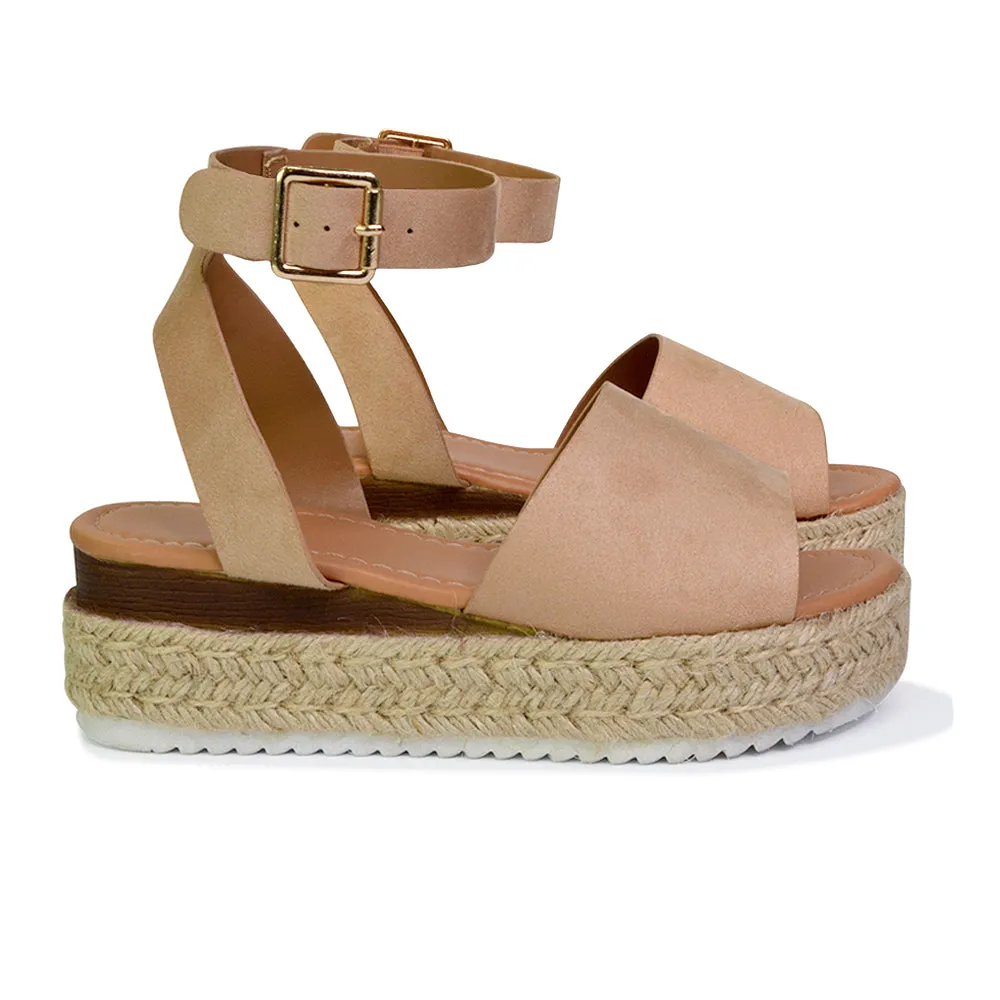 Lucile Strappy Ankle Buckle Flatform Espadrille Platform Flat Sandals in Nude
