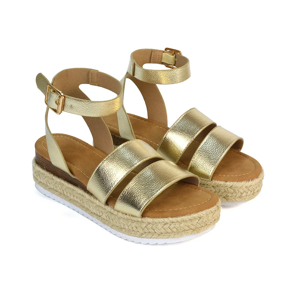 Lyds Flatform Strappy Summer Platform Flat Sandals in Gold