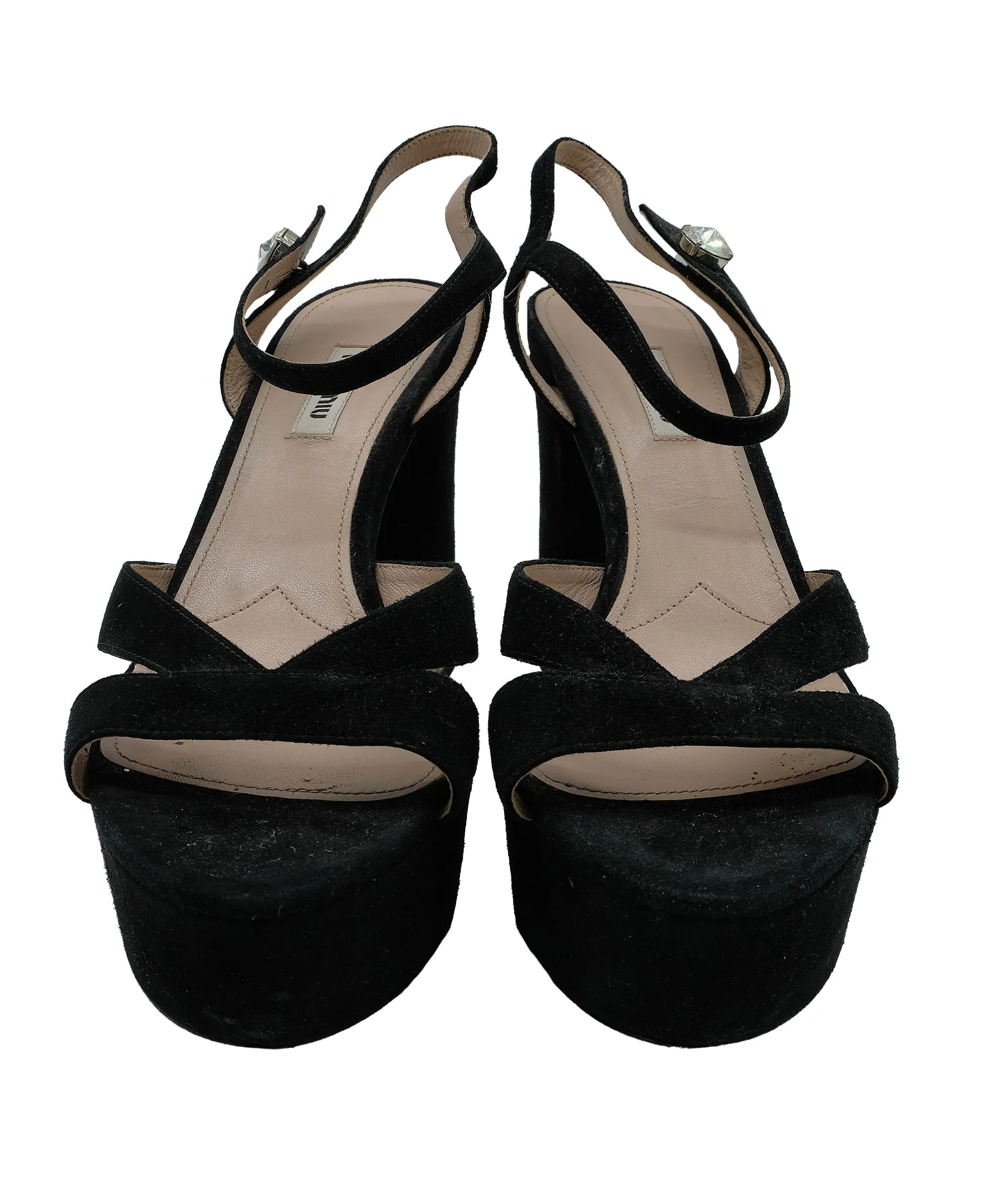 Miu Miu Suede Flatform Sandals w/ Crystal Embellished Black Size 40 RJC2892