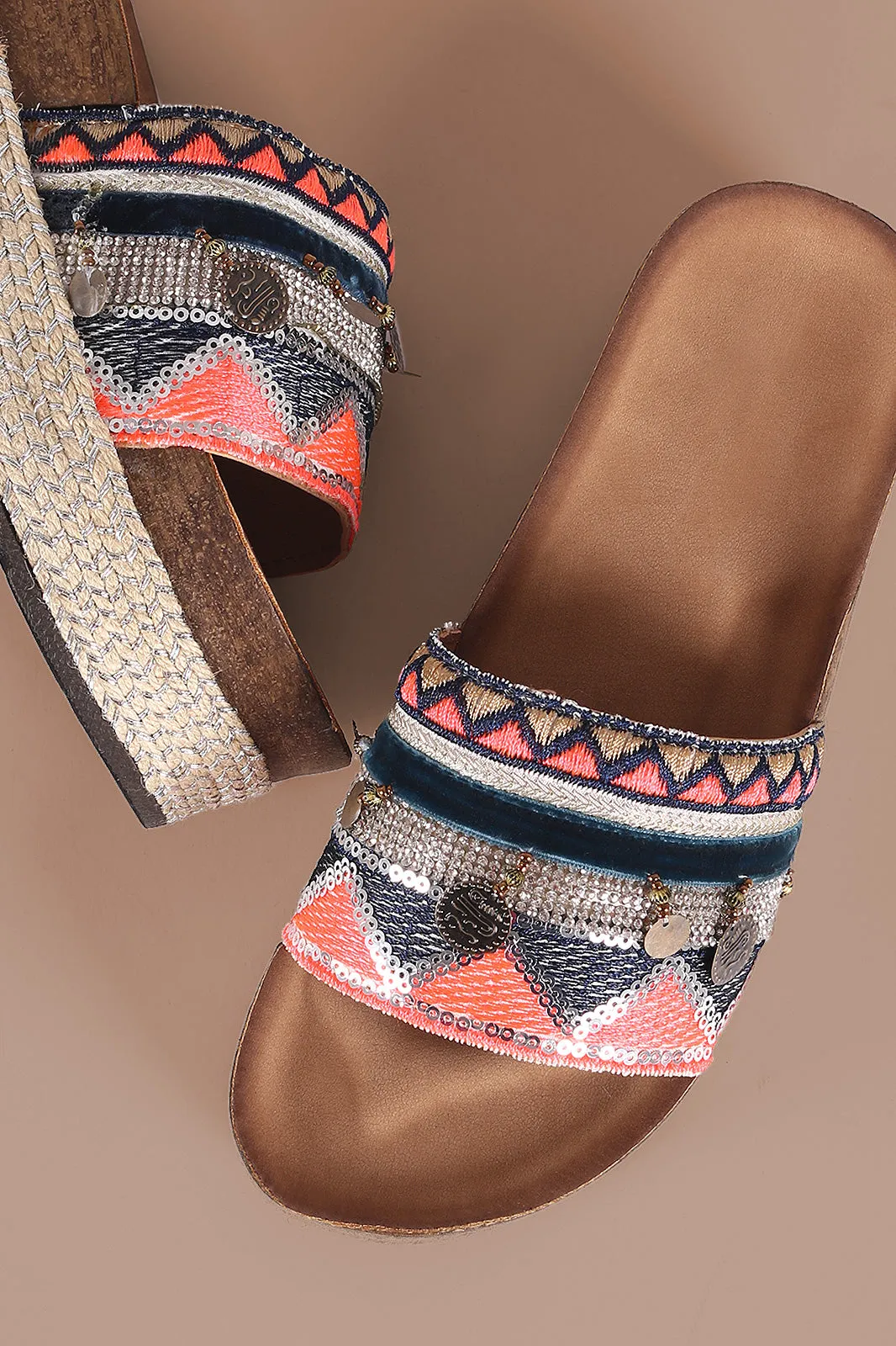 Mixed Media Embroidered Coin Accent Espadrille Slide Flatforms