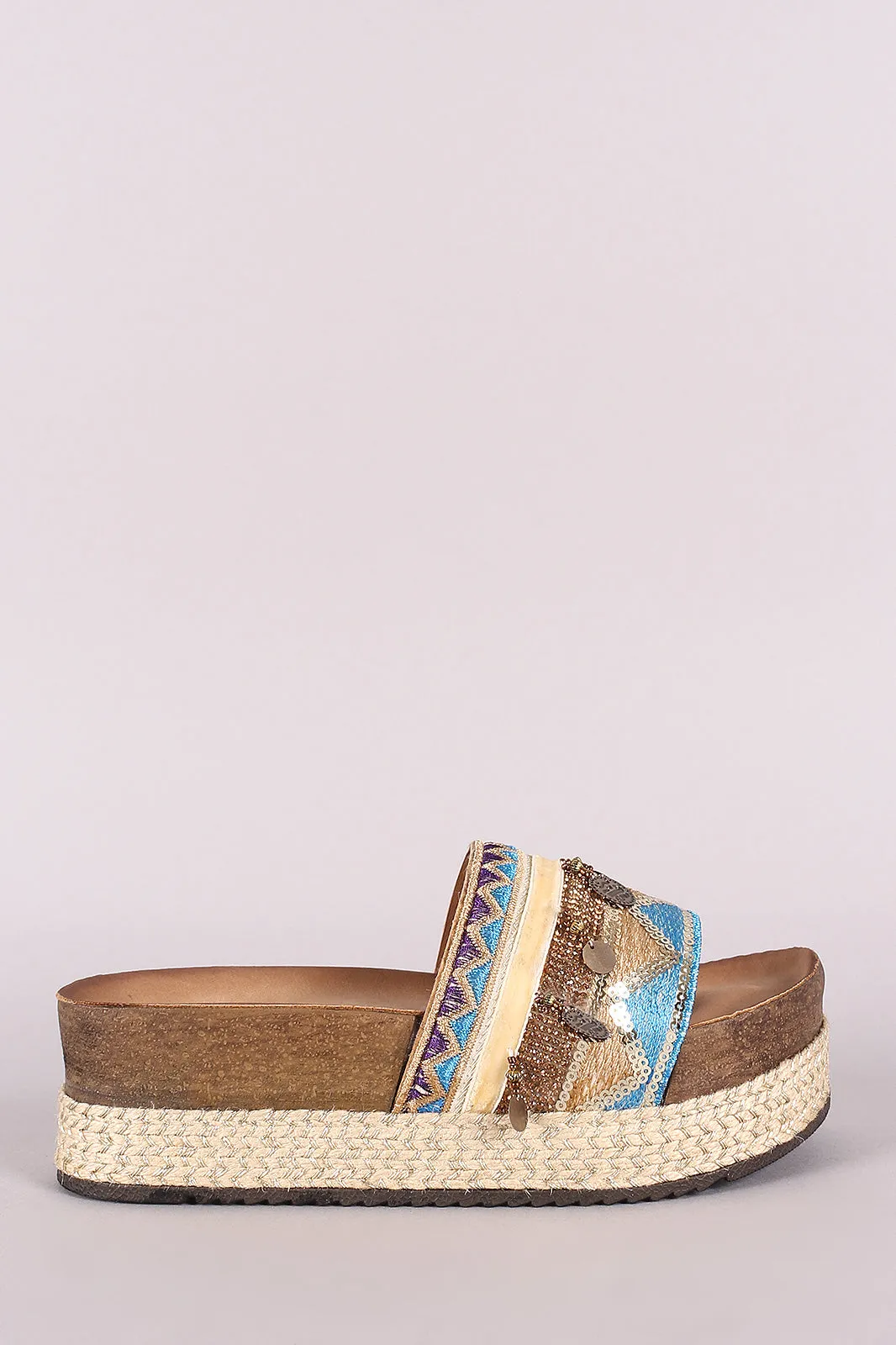 Mixed Media Embroidered Coin Accent Espadrille Slide Flatforms