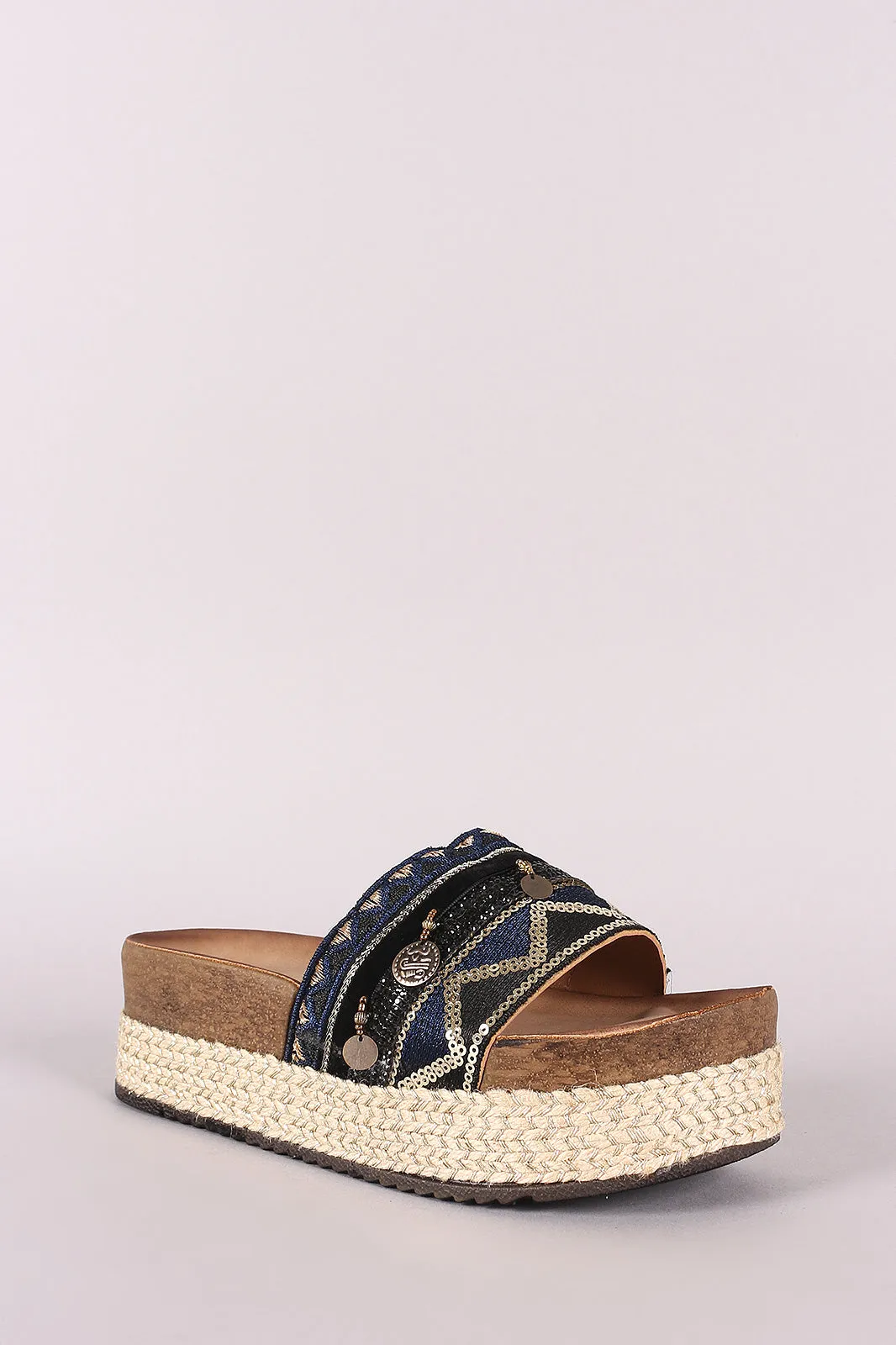Mixed Media Embroidered Coin Accent Espadrille Slide Flatforms