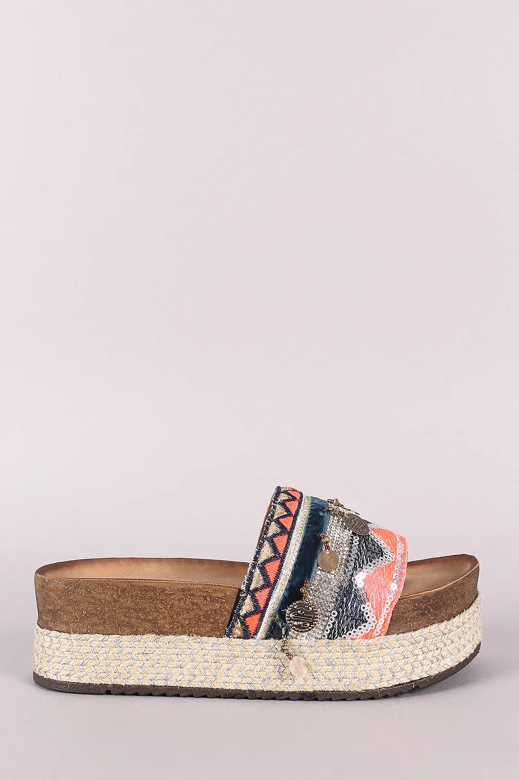 Mixed Media Embroidered Coin Accent Espadrille Slide Flatforms