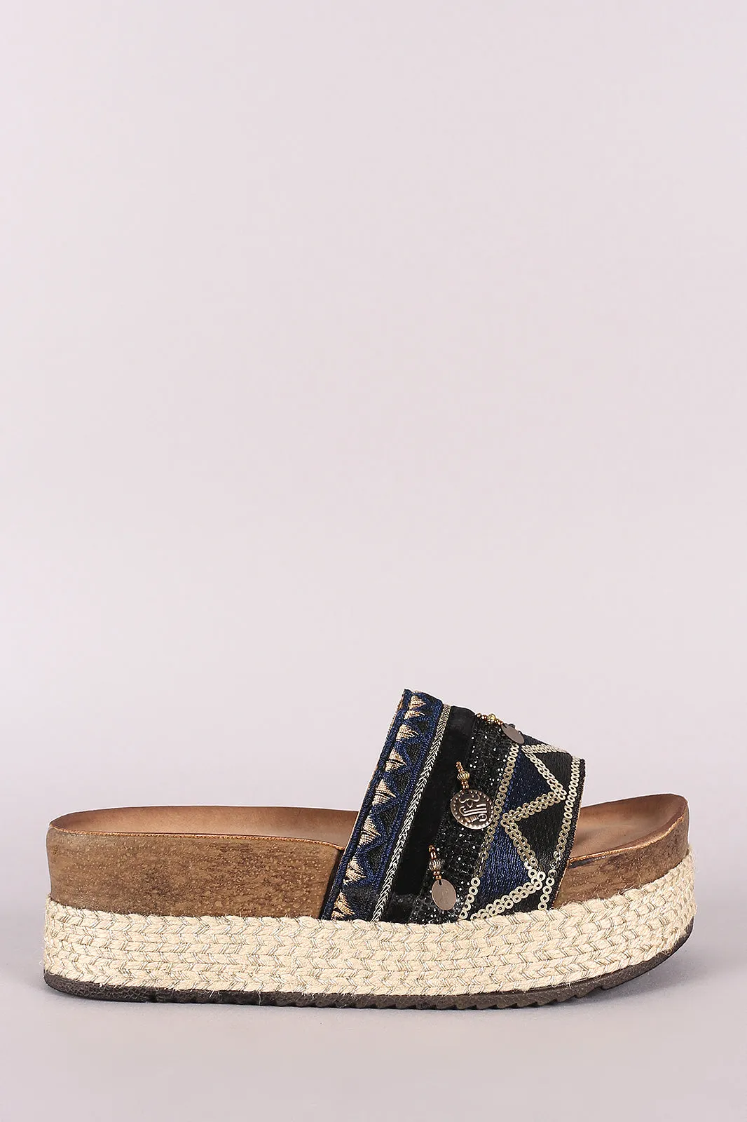 Mixed Media Embroidered Coin Accent Espadrille Slide Flatforms