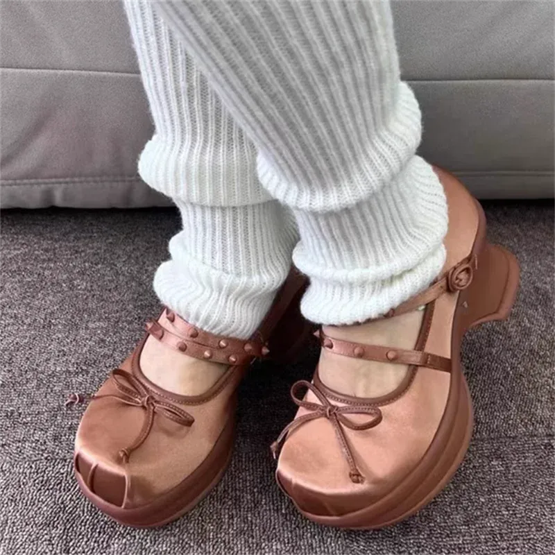 Mqtime Sweet Butterfly-knot Women Pumps Belt Buckle Mary Janes Lolita Shoes Girls Soild Round Toe Summer Platform Party Shoes High Heel