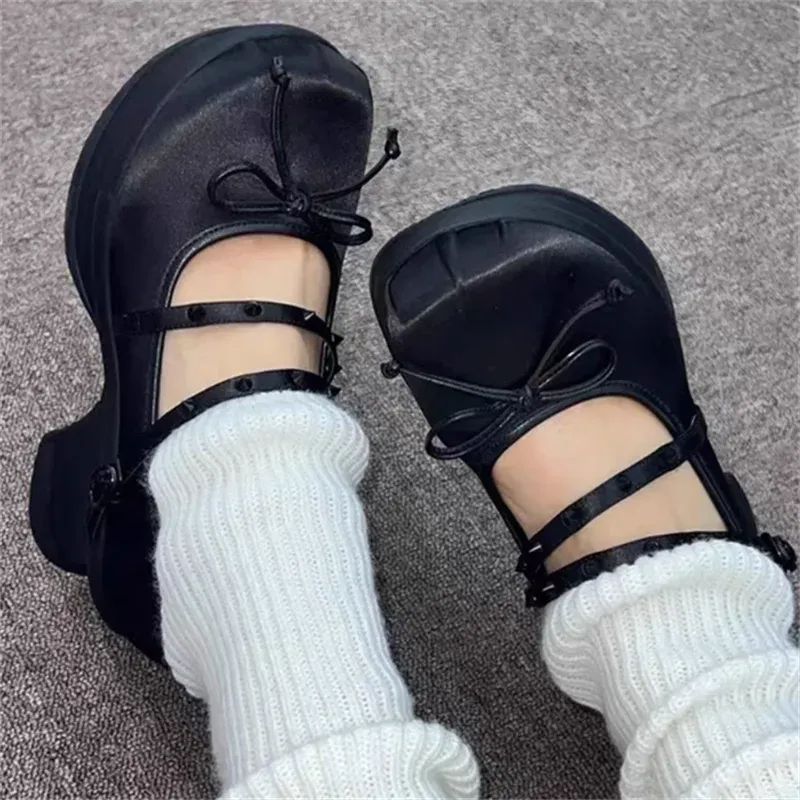 Mqtime Sweet Butterfly-knot Women Pumps Belt Buckle Mary Janes Lolita Shoes Girls Soild Round Toe Summer Platform Party Shoes High Heel