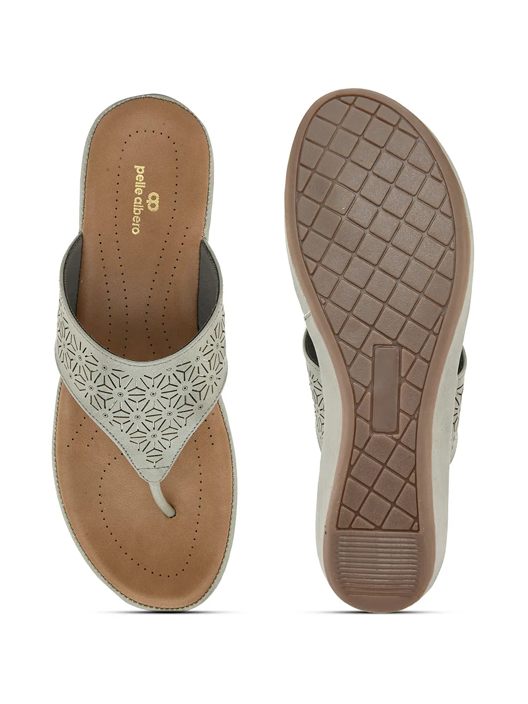 PELLE ALBERO Women Grey Slip-On Flatform Heels Sandal