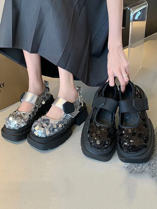 Round-Toe Sequined Shallow Cut Shiny Split-Joint Platform Shoes Loafers
