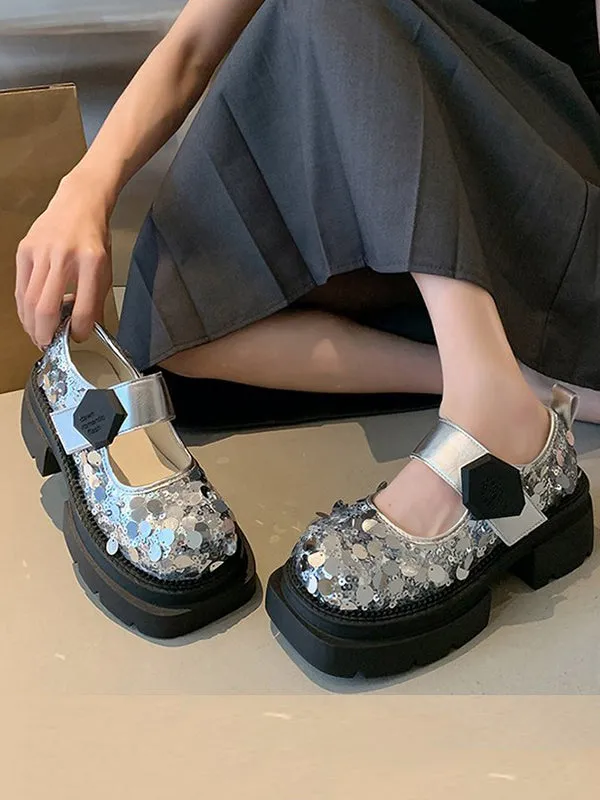 Round-Toe Sequined Shallow Cut Shiny Split-Joint Platform Shoes Loafers
