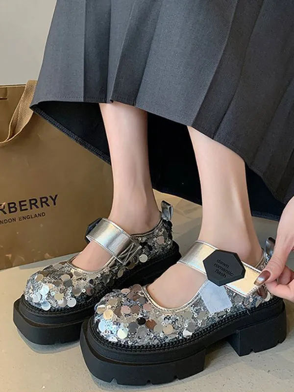 Round-Toe Sequined Shallow Cut Shiny Split-Joint Platform Shoes Loafers