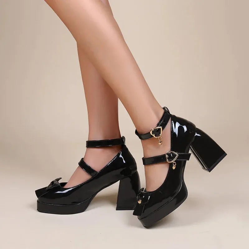 Sohiwoo Patent Leather Platform Pumps Women Bowtie Ankle Strap High Heel Party Shoes Woman Fashion Buckle Square Heel Mary Jane Shoes