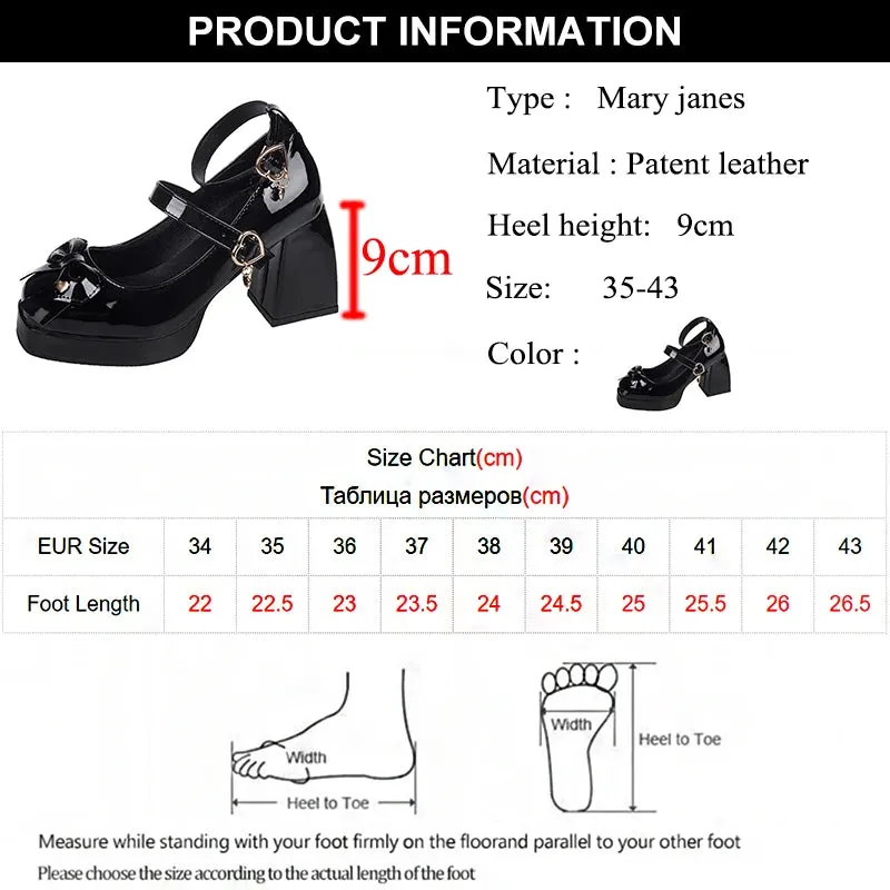 Sohiwoo Patent Leather Platform Pumps Women Bowtie Ankle Strap High Heel Party Shoes Woman Fashion Buckle Square Heel Mary Jane Shoes