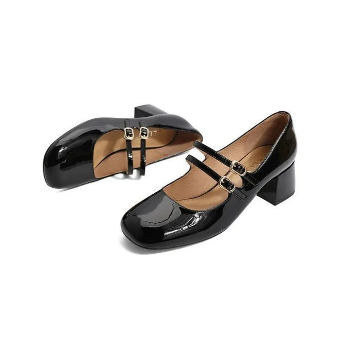 Sohiwoo  Women Leather Double Buckle Heeled Mary Janes